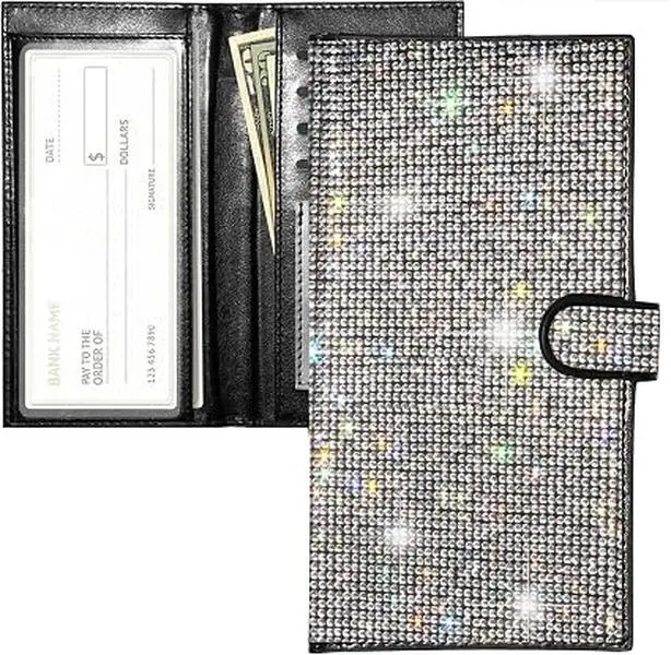 LIFUTOPIA Bling Rhinestone Checkbook Covers Silver- Glitter, Artifitial Diamond, ID Credit Card Holder, for Women, Gift, RFID Blocking, Register Personal, Wallet,with Pen Insert, with Divider