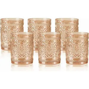 6 Pack Amber Glassware Set, 10oz Vintage Drinking Glasses, Colored Water Glasses, Amber Embossed Glass Cups for Party Wedding Home Office Gift