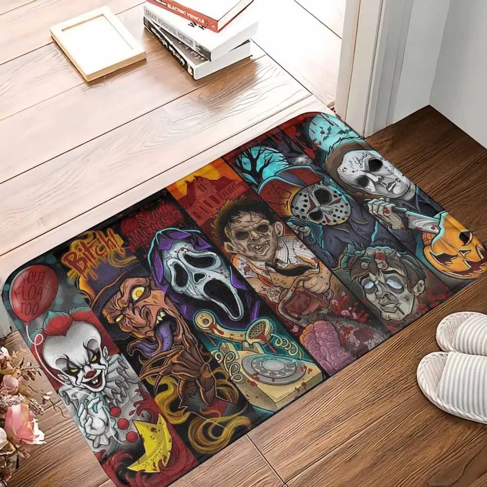 Classic Horror Movie Character Floor Mat - Iconic Slasher Villains Print, Anti-Slip, Absorbent, Washable, Decorative, Rounded Corner Safe, Nostalgic Halloween Decor for Home Entryway, Halloween Party Gift for Movie Enthusiasts, Anti-Slip Bath Mats