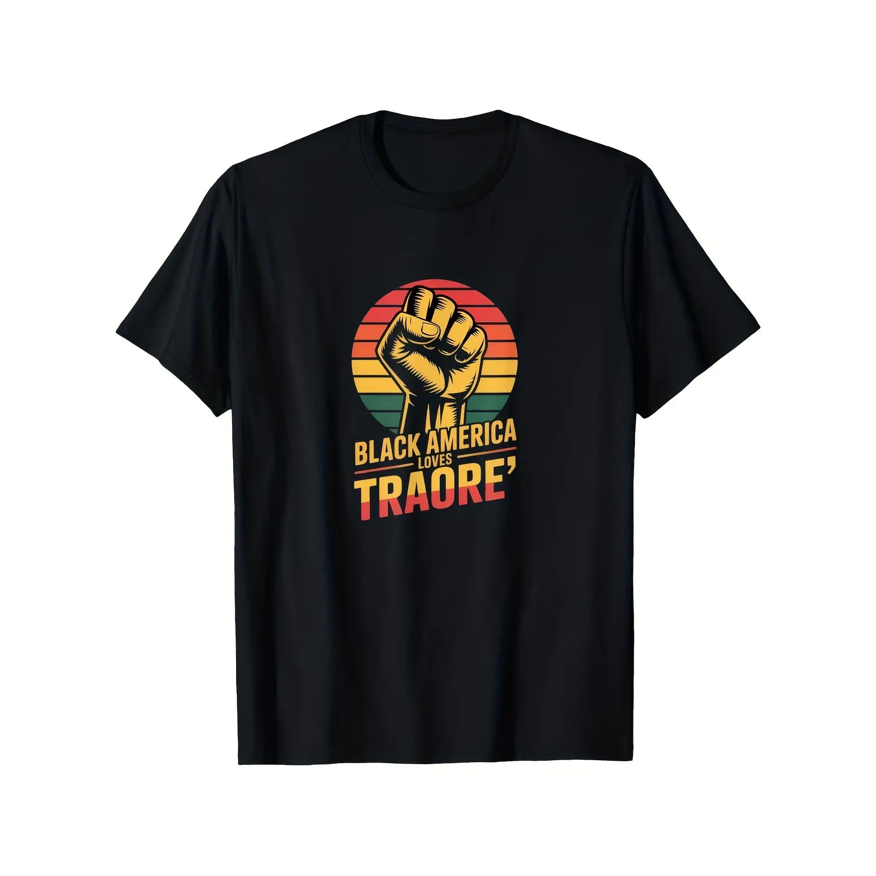 [100% Cotton] 100% Cotton Black America Loves Traore' Captain Ibrahim Traore Graphic T-Shirt - 100% 220gsm Retro African Pride Design with Raised Fist & Pan-African Colors, Unisex Crew Neck Short Sleeve Tee for Men & Women, S-XXXL Sizes, Casual & Party We
