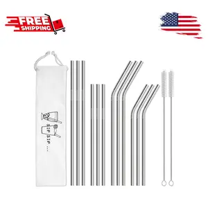 12-Pack Reusable Stainless Steel Metal Straws with Case for 30 oz and 20 oz Tumblers - 2 Cleaning Brushes Included