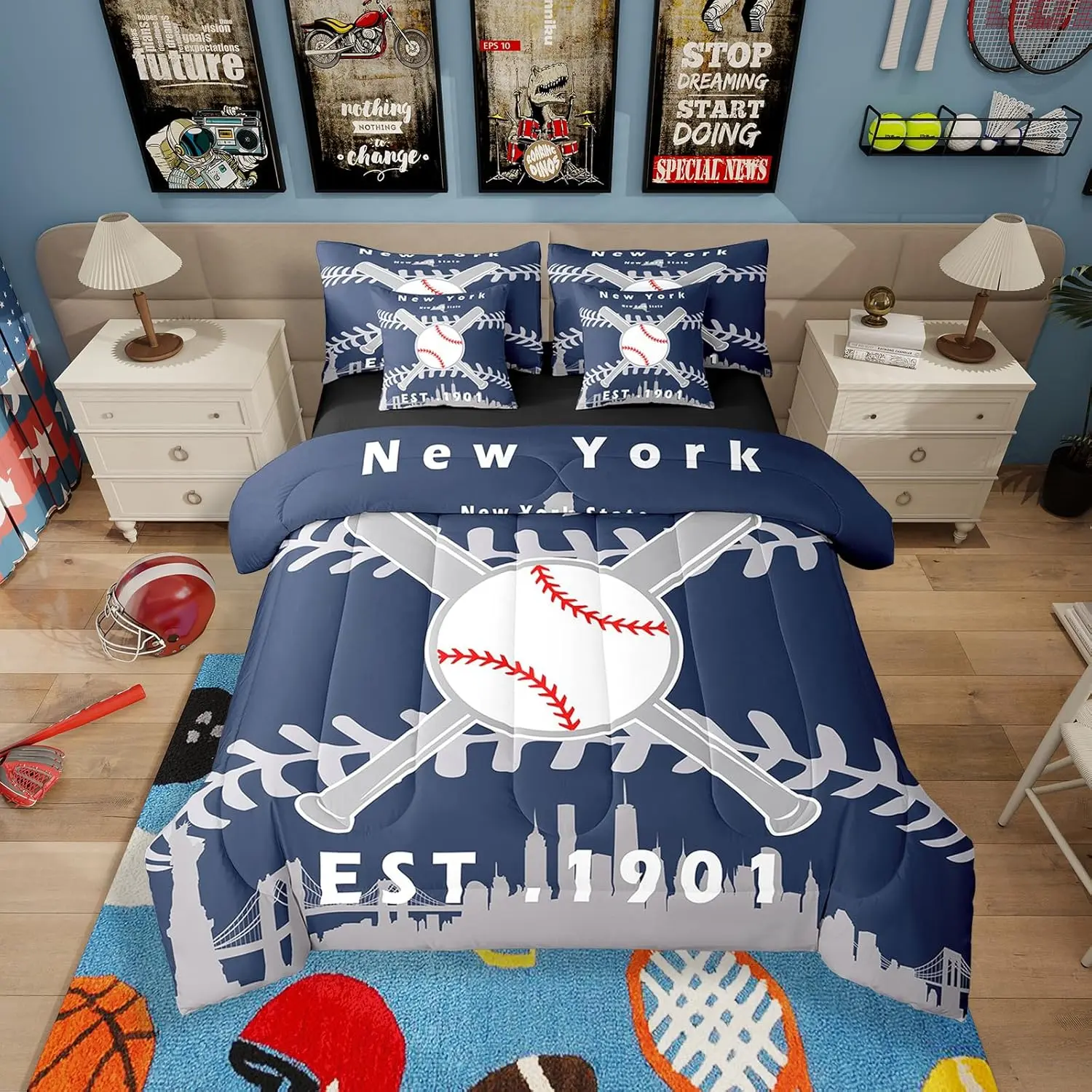 Feelyou 7-Piece Breathable Microfiber Baseball Bedding Sets - Bed-in-a-Bag with Flat Sheet, Fitted Sheet for Kids, Beddingsets