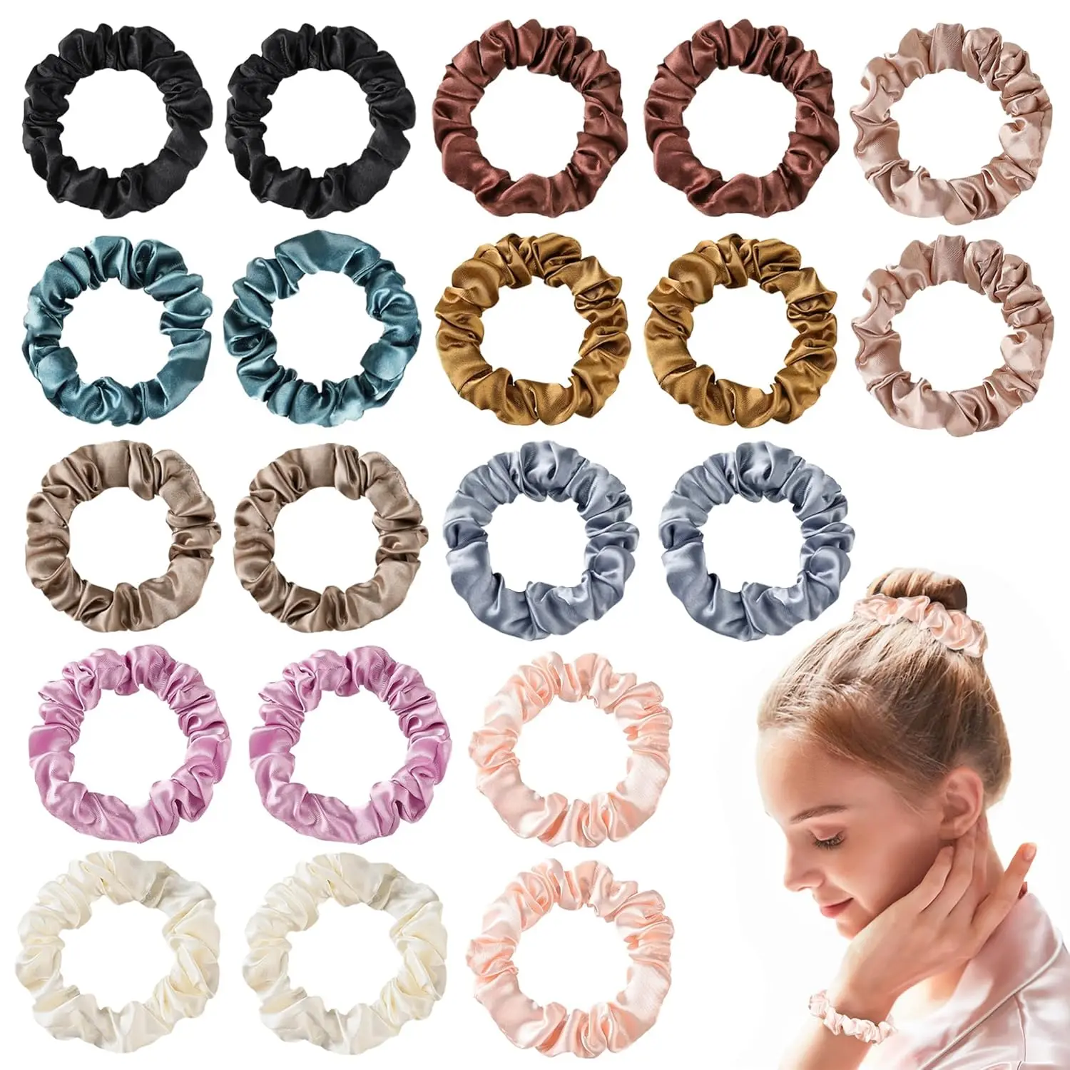 Hair Ties Satin Silk Small Scrunchies for Women Girls Ponytail Holders 20 count Mini Bulk Scrunchies Elastic Hair Bands for Thick Curly Hair Pony Tails Hair Ties