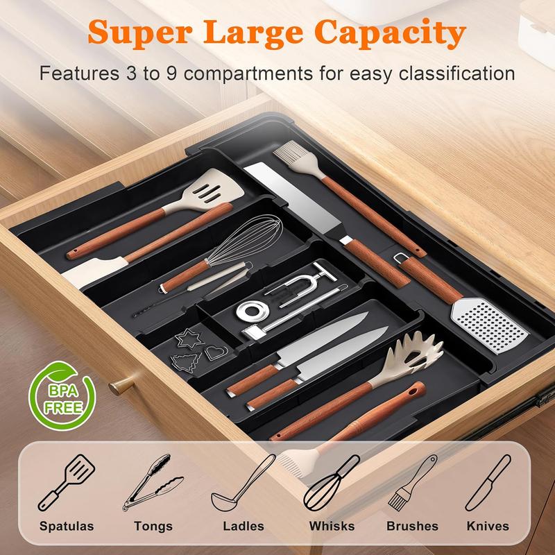 Large Cutlery Drawer Organizer Expandable Cutlery Storage Box Suitable for Kitchen Drawers Adjustable Cooking Utensil Rack Cutlery Knife Fork Spoon Tray Spatula Tool Small Tool Storage Divider Plastic Material Black