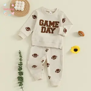 Toddler Boy Fall Outfits, Letter Embroidery Long Sleeve Round Neck Pullover + Elastic Waist Football Print Pants, 2 Pcs Set