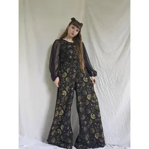Boho Wide Leg Jumpsuit, Cotton Flowy Dungarees, Bohemian Overalls, Mushroom/Celestial, Hippie Bell Bottom Summer Rompers, Retro Free Spirit, Hippie Flare Pant Suit, Whimsical Fashion, 90s Style, Bib Jumpsuit, Sustainable Fashion
