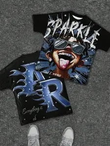 Men's "Sparkle" Cartoon Print Crew Neck T-Shirt, 100% Polyester, Wrinkle-Resistant & Breathable, Oversized Streetwear Tee, Ideal for Casual Wear & Y2K Hip-Hop Style