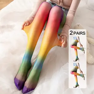 2 Pairs Women Digital Print Rainbow Stockings Thin Unique Striped Gradient Colorful Dopamine Tights