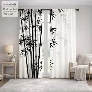 2Pcs Japanese Style Black Bamboo Pattern Sun Blocking Curtains Digital Printed Rod Pocket, Window Treatment For Bedroom Office Kitchen Living Room Study Home Decor