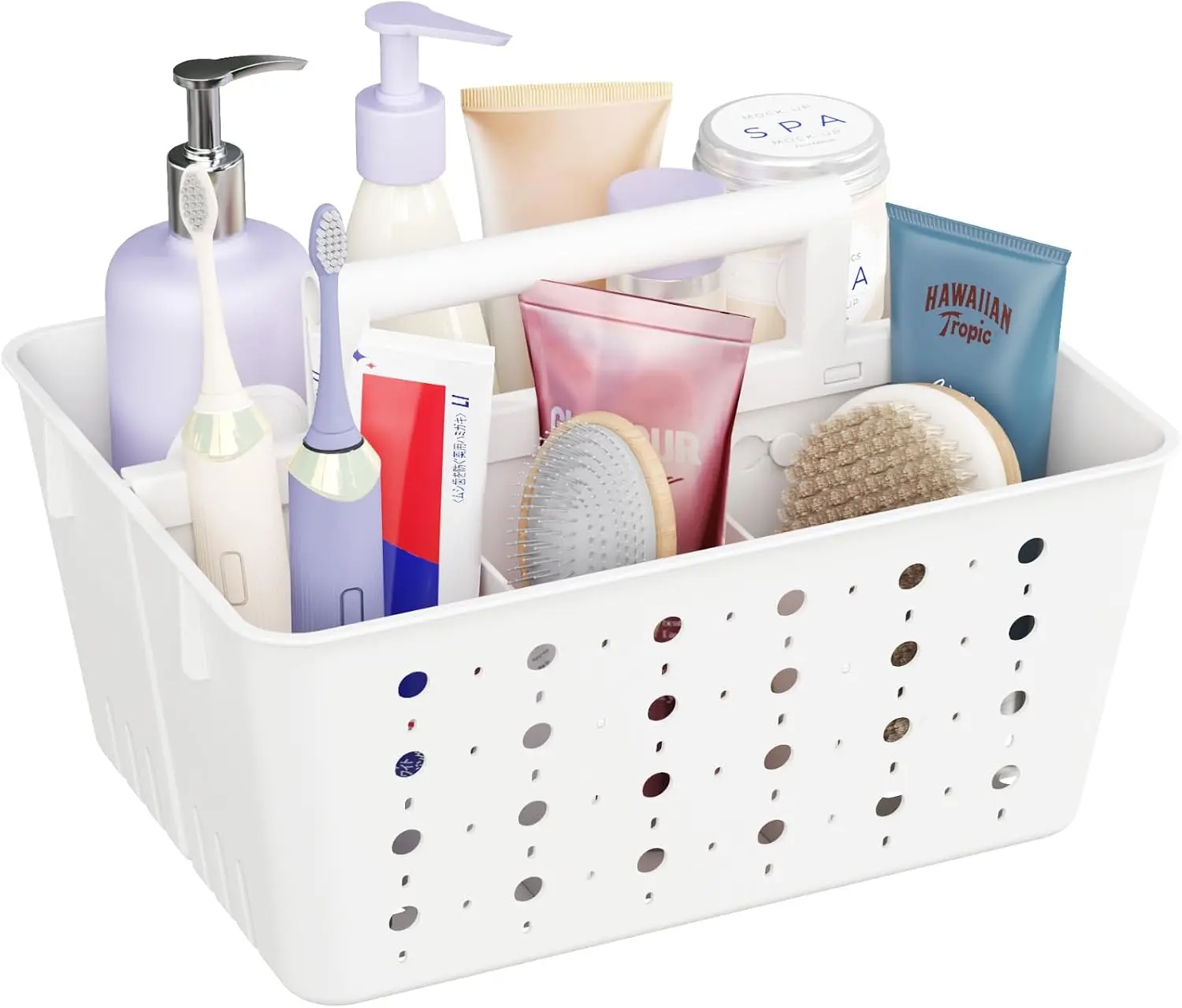 Shower Caddy Portable, Plastic Bathroom Organizer with Handle and Holes, Hard Cleaning Basket for Toiletry Storage, College Dorm Essentials, White, 1 Pack