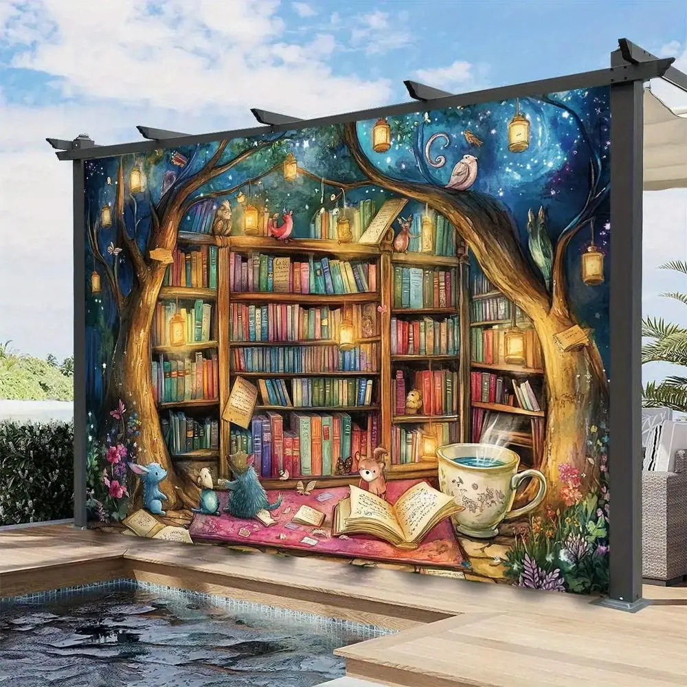1PC Printed Polyester Reusable 2D Flat Fantasy Forest Bookstore Backdrop - Fairy-tale Animal Reading Scene Tapestry, Happy Birthday Party Decor, Outdoor Photo Booth Photography Cloth