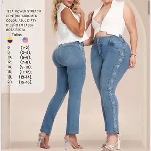 Women's Colombian Power Stretch Denim Jeans - Abdomen Control, Blue Dirty Laser Design, Bota Recta Style, High-Quality Casual Pants, Sizes 6-20