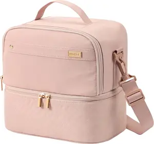 Lunch Bag for Women, Insulated Two Separate Compartments Meal Box with Adjustable Shoulder Strap, Leakproof Cooler Case for Work, Pink