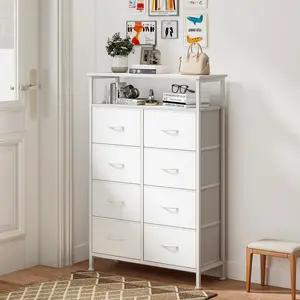 8 Wooden Top TV Stand with Charging Station and Raised Shelf, TV Media Console Table for Up to 45 inch TV, Entertainment Center with Fabric Drawers for Living Room, Hallway