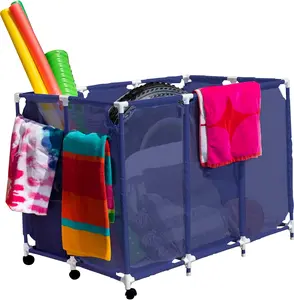 Extra-Large Mesh Rolling Storage Organizer Bin for Pool Noodles, Toys, Floats, Balls and Float Equipment, Blue/White, 47.2" W x 30.2" L x 34"H