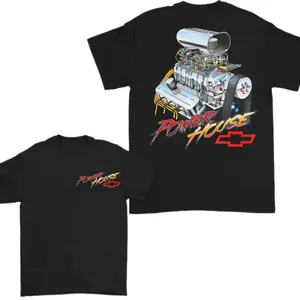 Chevy “Powerhouse” Supercharged V8 Engine Graphic T-Shirt, Classic Fit Crewneck, Vintage Muscle Car Streetwear Style, For Chevy Fans, Hot Rod Builders & Drag Racing Enthusiasts