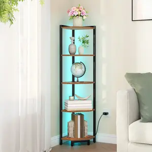 Corner Shelf with LED Light, 5-Tier/6-Tier Corner Bookshelf, Tall Narrow Display Bookcase with Metal Frame, Standing Shelf for Small Space, Living Room, Home Office, Bedroom