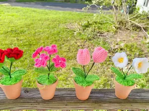 Mini Crochet flower pot,hand made,personalized gift ,home decoration, crocheted Bell flower, Roses, tulip, crochet flowers variation