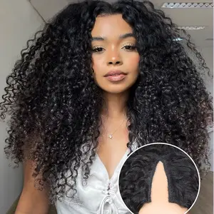 Kinky Curly V Part Wig Human Hair Glueless Half Wig No Leave Out Beginner Friendly Breathable Cap No Lace Seamless Flip Over Wig Natural Hairline Pre Plucked Kinky Curly Half Wig For Women