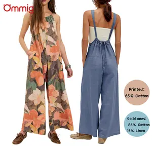 Ommig Women's Summer Bohemian Cotton&Linen Open Back Wide Leg Jumpsuits Overalls with Tie-back Straps Drawstring Double Pockets in Printed and Solid Colors for Holiday