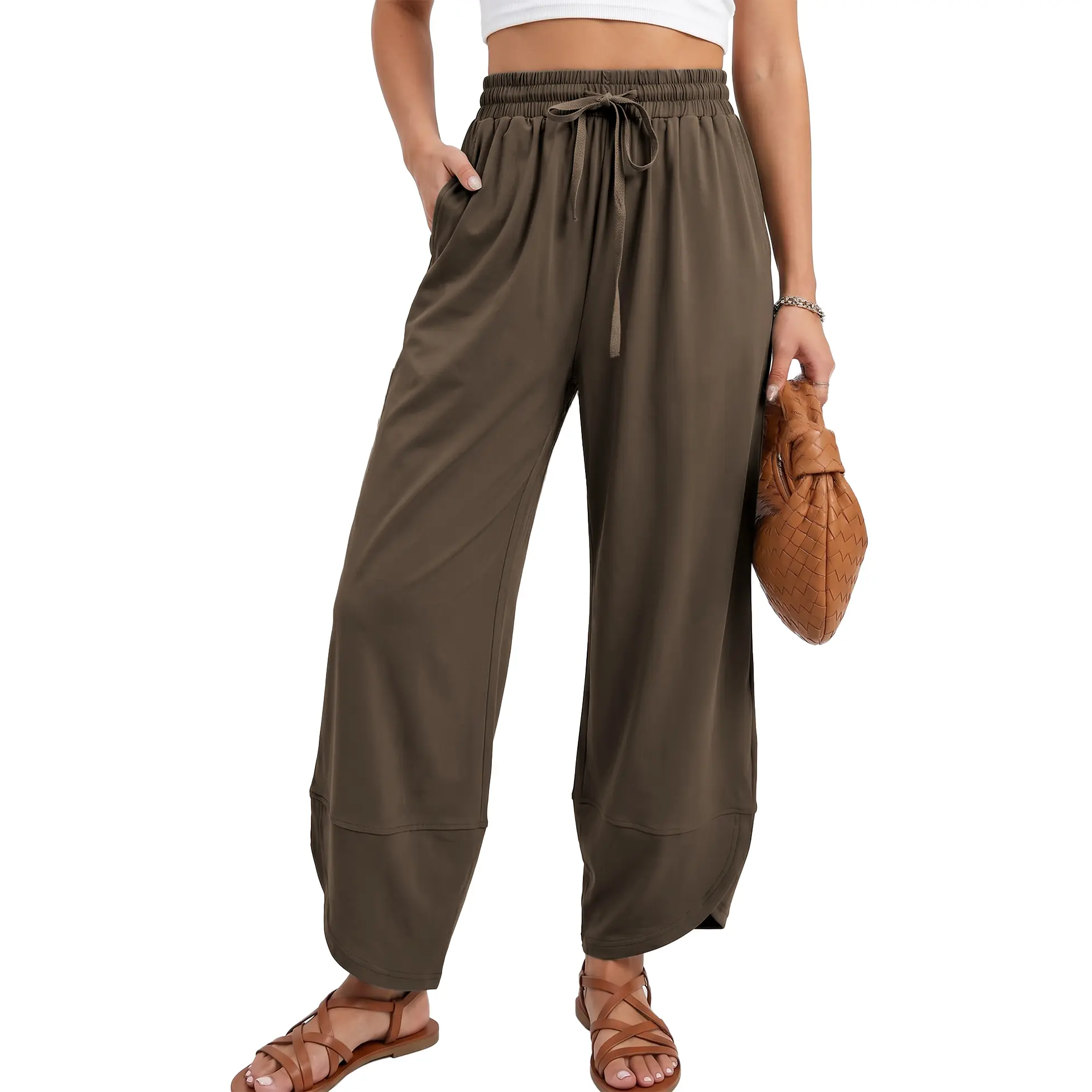 Songling Women's Casual Loose-Fit Wide-Leg Pants - Elastic Waist Drawstring, Utility Pockets, Harem Cut, Minimalist Style Clothes for Everyday Wear, All Seasons Use