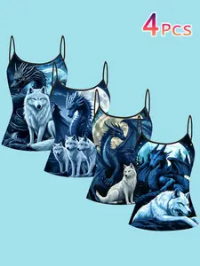 4-Piece Set Ice Blue Fantasy Dragon Wolf Print Thin Strap Tank Tops, Wolf Blue Dragon Full Moon Forest Straps, Women's Summer Sleeveless Tees
