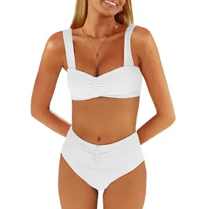 ANRABESS Bathing Suit for Women Tummy Control Bikini Set 2026 Beach Front Ruched Mid Waist Swimsuit with Adjustable Straps