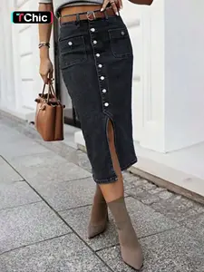 Women's Button Front Split Slit Denim Casual Bodycon Skirt, Elastic Fabric Sexy New Long Dress for Dating Outdoors