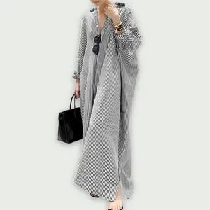 Women's Casual Long Sleeve Button Down Loose Striped Cotton  Batwing Fit Maxi Shirt Dress Plus Size Outfits Womenswear