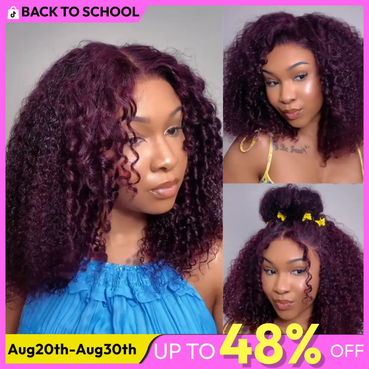 UNice 250% Black Cherry Fluffy  Kinky Curly Wig with Layer Finger Coil Ends Glueless 7x5 Lace Closure Human Hair Wigs 18 inch No Slip Natural Hairline for Beginners Summer Wig SummerArrvials #SoHoChic #TikTokShopBackToSchool