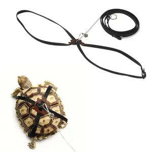 PETAXCELL Tortoise Leash Harness, Adjustable Turtle Harness Chest Collar Pet Tortoise Walking Rope with Bell, ( Leather, Large, Black ), for Bearded Hamster Small Pets Outdoor