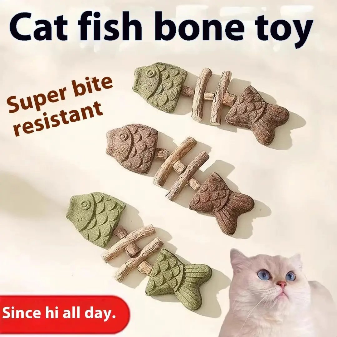 Self-hi to relieve boredom, cat toy with cat teaser stick, fish bone wood, day polygonum cat mint tooth grinding stick, simulated fish tooth grinding and bite-resistant 3 packs, interactive catnip chewing toy, a variety of flavors, A-grade organic catnip,