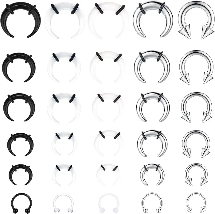 YADOCA 30Pcs Septum Pincher Tapers 16G 14G 12G 10G 8G 6G Horseshoe Septum Rings Acrylic Stainless Steel C Shape Septum Piercing Jewelry Nose Ear Cartilage Septum Stretching Kit for Women Men