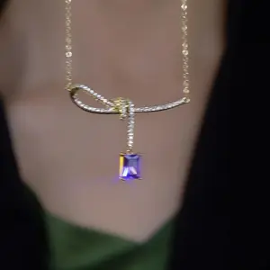 Ribbon Bow Pendant Necklace for Women, Iridescent Finish, Elegant Fashion Collarbone Chain Jewelry DZXL3861 Festive Style Chic