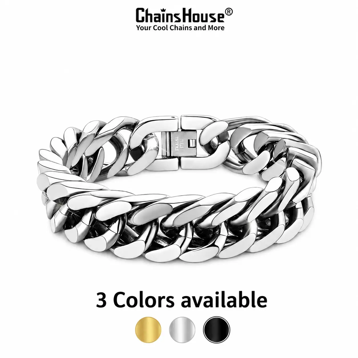 ChainsHouse Cuban Link Chunky Cuban Bracelets - 18K Gold Plated Stainless Steel Jewelry for Women, 8/12/17mm Width, 7.5"/8.3"/9" Length, Cool Casual Hip Hop Wrist Bracelet, CHH18336 (Summer Outfits, Vacation Outfits)