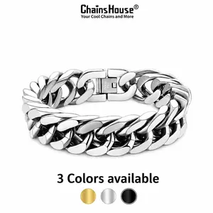 【Fathersdaygift】ChainsHouse Cuban Link Chunky Chain Summervibe Bracelet 18K Gold Plated Stainless Steel Wrist Bracelet, 8/12/17mm Width, 7.5"/8.3"/9" Length Cool Casual Hip Hop Bracelet for Men Women CHH18336