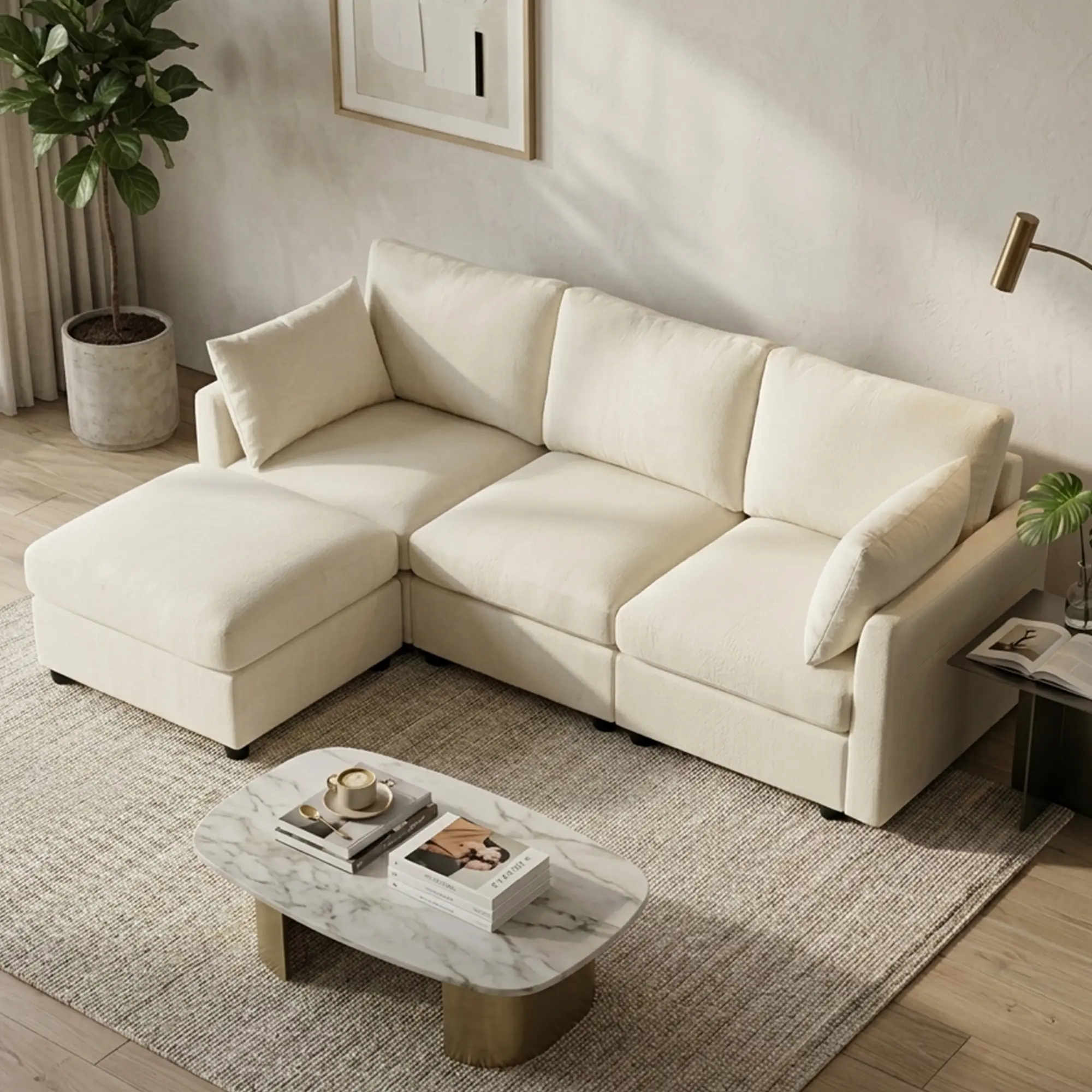 Tbfit Modular Cloud Sectional Sofa - L-Shaped Chenille Cloud Couch with Ottoman, Spring Cushions, Convertible Layout, Khaki, Modern Cloud Sectional Couches for Living Room, Deep SeatSofa, Furniture