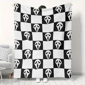 Horror Face Throw Blanket, Black and White Checkered Pattern, Halloween Ghost Blankets Fuzzy Gifts for Sofa Couch Bedroom (60" x 50"), Printed on One Side with a Plain White Back, Halloween Thanksgiving Christmas Gift