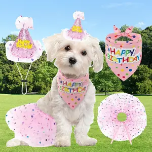3pcs Dog Birthday Bandana with Hat and Dress Set, Puppy Birthday Party Supplies, Cute Pink Tutu Skirt Outfit for Small Medium Large Dogs  Party Gifts, Pet Products Animal