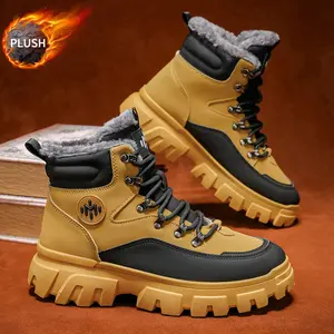 MODME Western Cowboy Winter Boots Yellow Black Rugged Traction Sole Warm Fleece Lining Durable Chunky Platform Weather Resistant Upper Work Boots Casual Outdoor Footwear All Season Comfort Bold Western Style Heavy Duty Stitching Secure Lace-Up Waterproof