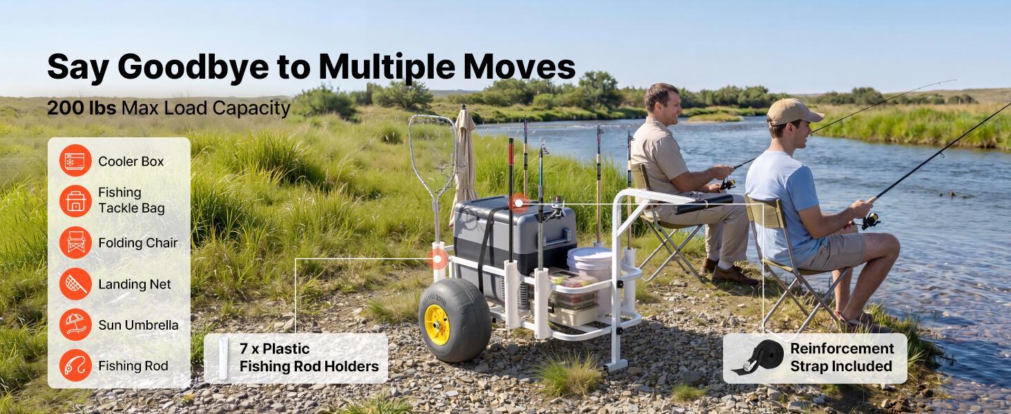 VEVOR Beach Fishing Cart, 200 lbs Load Capacity, Foldable Fishing Cart with Heavy-Duty Carbon Steel Frame, 13-Inch All-Terrain PU Balloon Tires, 7 Rod Holders, for Outdoor Activities Camping Picnic