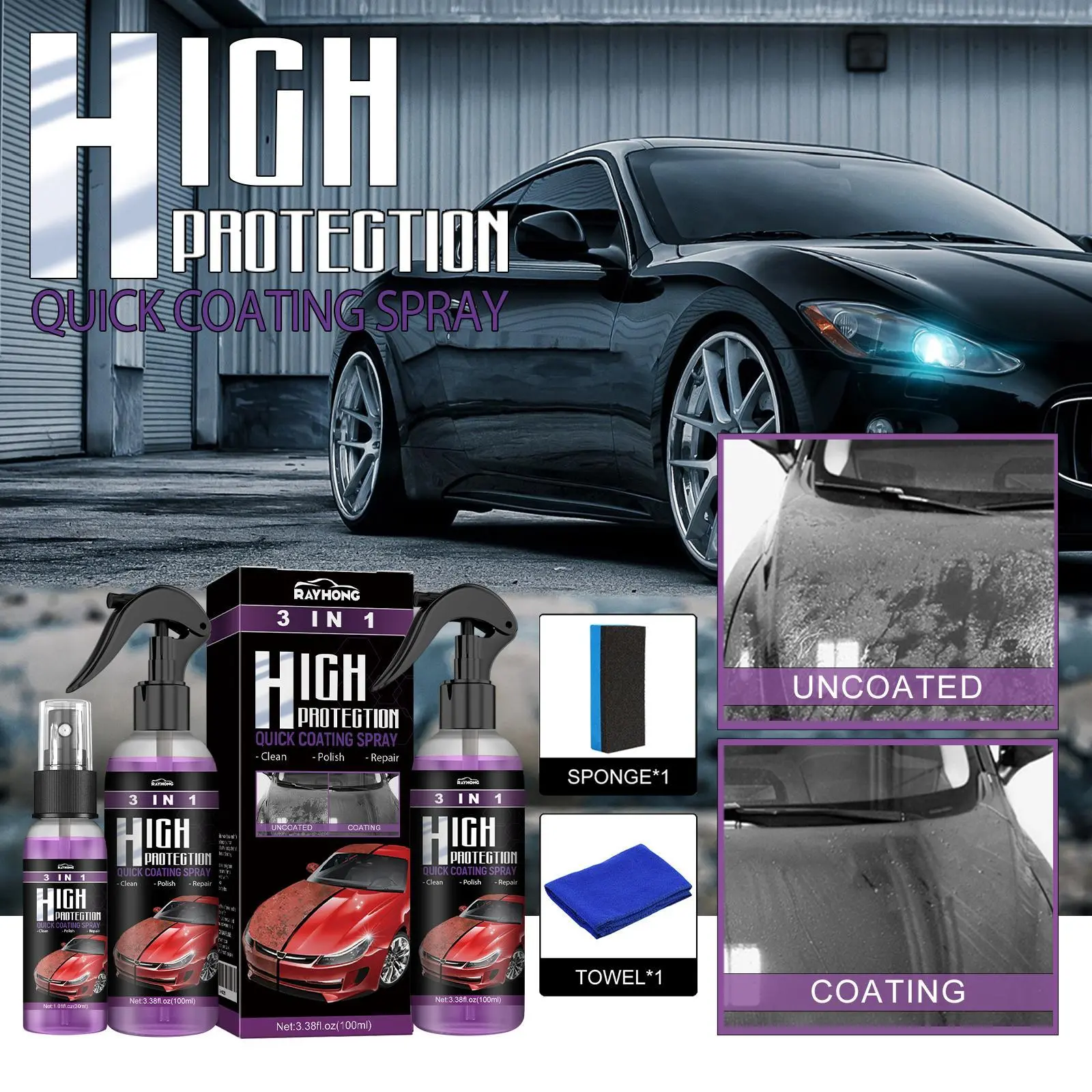 Rayhong 3 In 1 High Protection Quick Car Coating Spray, Diy Paint Change Color Cleaning Coating Spray
