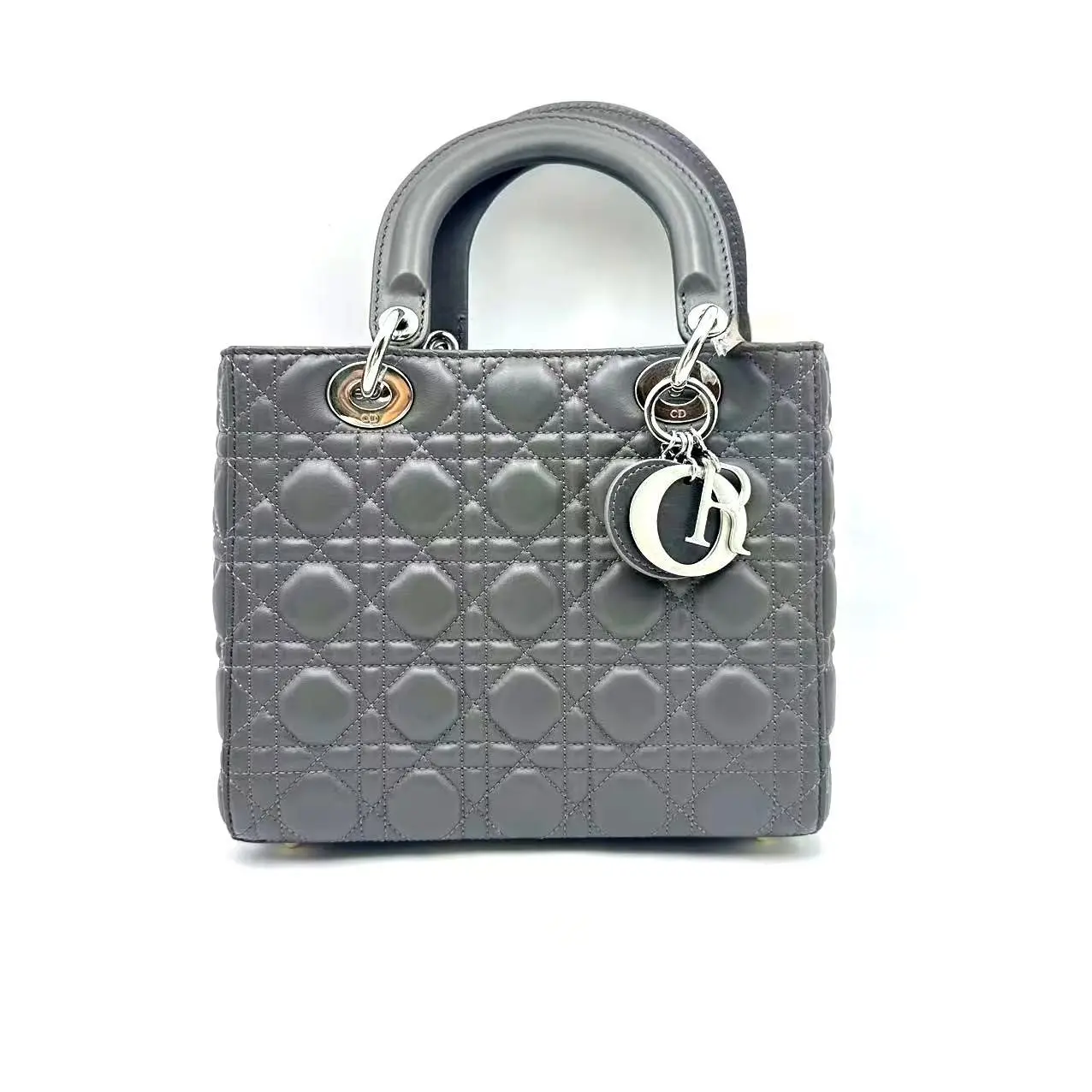Pre-owned Dior hz9 Lady Bag — Dark Gray, Medium (5 Compartment), Matte Lambskin 71694