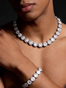 Hip Hop Fashion Iced Out Blingbling Rock Sugar Chain Bracelet Necklace Set, Punk Style Knot Tennis Chain, Unisex Streetwear Accessories