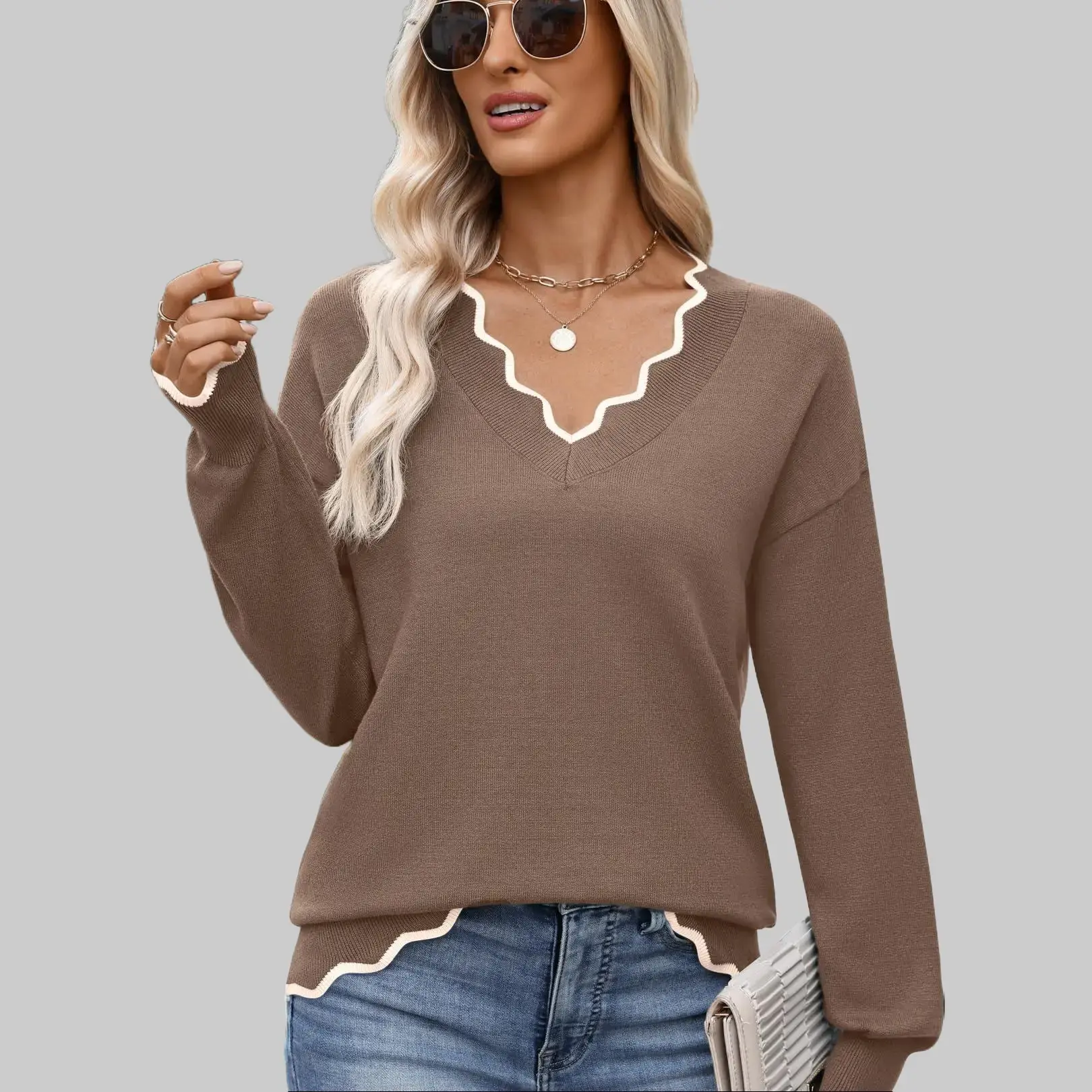 ZEAGOO Women's 2026 Fall V-Neck Lightweight Ribbed Knit Long Sleeve Loose Pullover - Stylish Fabric Knitwear for Casual, Dressy Occasions, Style, Longsleeves, Solid, Sweater, Clothes, Soft Knit