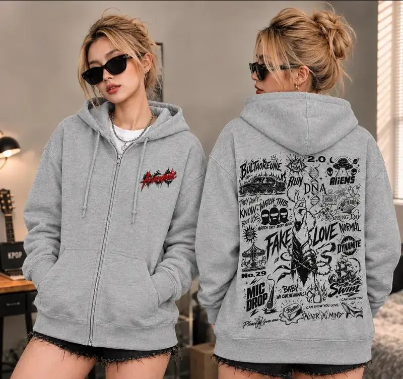 Retro ARIRANG Kpop Hooded Zip Sweatshirt | Kpop Merch, 2026 Kpop Tour Merch, Hoodie Zip Concert Outfit | Hooded Sweatshirt With Front Pocket, Casual Daily Streetwear, Zip Hoodie, Trendy Graphic Hoodies, Hooded Top, Music Fan Gift