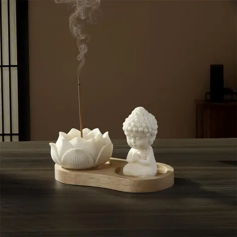 Buddha & Lotus Incense Burner, Bakhoor Burner, 1 Set Wooden Meditation Decorative Incense Holder, Home Decor Supplies for Living Room & Bedroom, Home Fragrance Decor