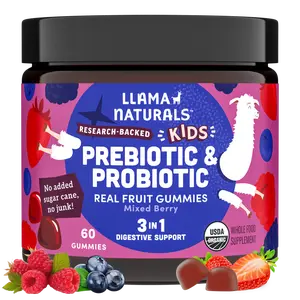 Llama Naturals Kids Probiotic with Prebiotic Fiber, Vegan, Organic Prebiotics and Probiotics Gummies for Gut Health Support, Real Fruit Gummy Vitamins, No Added Sugar Cane, Mixed Berry, 60 Ct