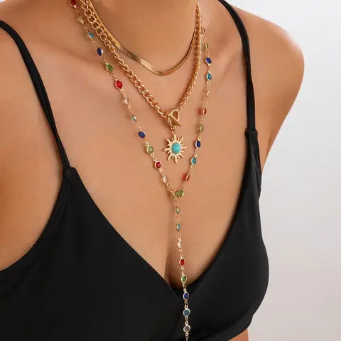 Boho Style Sunflower Design Layered Fashion Accessory Artificial Crystal Decor Necklace Pendant for Party, Daily Decor, Trendy All-match Jewelry for Birthday Gift, Daily Wear Necklace Decorative Necklace