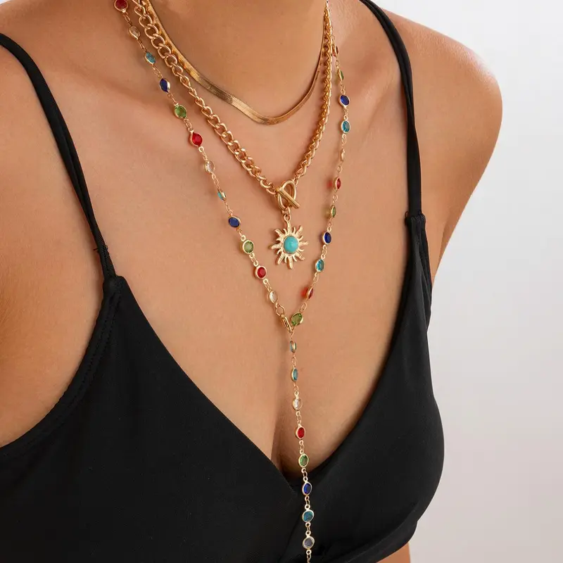 Boho Style Sunflower Design Layered Fashion Accessory Artificial Crystal Decor Necklace Pendant for Party, Daily Decor, Trendy All-match Jewelry for Birthday Gift, Daily Wear Necklace Decorative Necklace